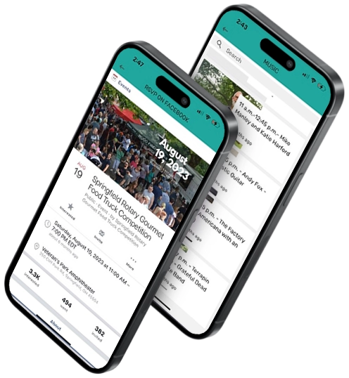 Conference and Event App Creator Two smartphones displaying event app pages.
